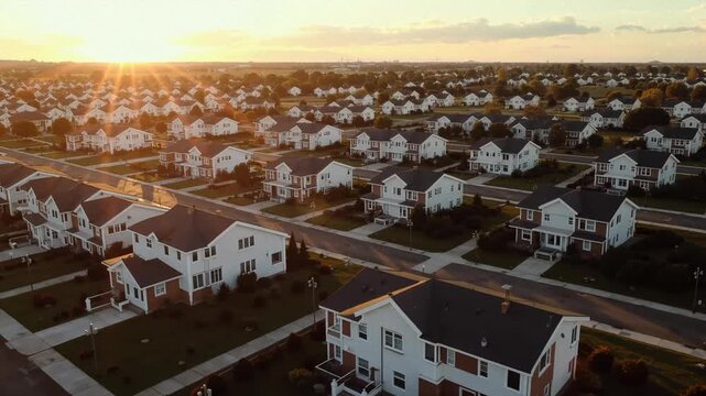 Suburban neighborhood with identical houses at sunset