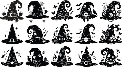 Fototapeta premium A comprehensive halloween vector bundle featuring various decorative witch hat designs with magical elements for spooky holiday graphic projects