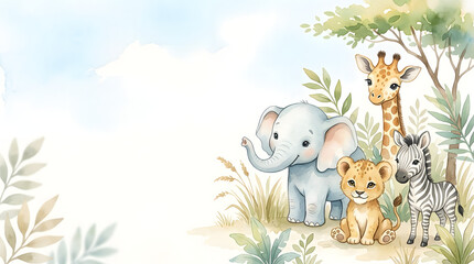 Obraz premium Cute watercolor safari animals. Baby jungle creatures illustration for nursery decor.