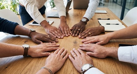 Obraz premium Diverse Business Team Placing Hands Together In A Circle On Office Desk For Unity Collaboration Growth Professional Synergy And Inclusive Corporate