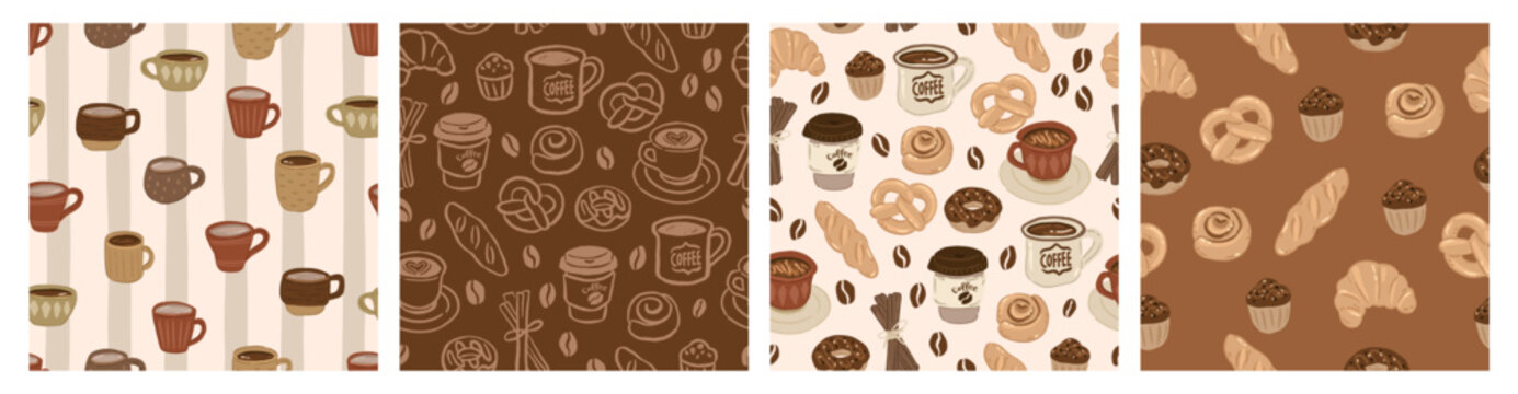Collection of Coffee and Bread Seamless pattern Cafe vector illustrations