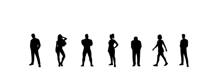 Fototapeta premium People Standing in Various Poses in a Line as Silhouettes Featuring Diverse, Figures, Black with White and Group Elements
