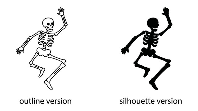 Dancing Skeleton Outline and Silhouette: A playful depiction of a skeleton in a dynamic dancing pose, presented in both a clear outline and a solid silhouette version for versatility.