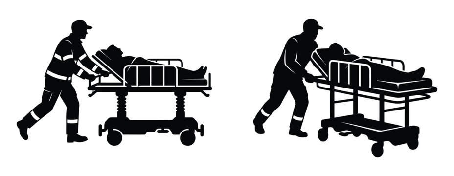 Paramedic pushing a medical stretcher with a patient in silhouette style