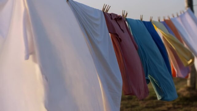 Colorful laundry hanging on a clothesline blowing in the wind. Clean clothes drying outdoors in the sunlight. Domestic household chores concept