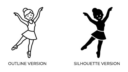 Ballet Dancer Outline and Silhouette: A charming illustration depicts a ballerina in two styles – one as a clean outline and the other as a solid silhouette. © Md
