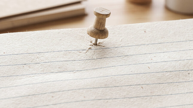 Wooden pushpin and stationary items for office supplies including paper sheets, lined notebook, textured paper surface. Ideal for stationary store advertisements.