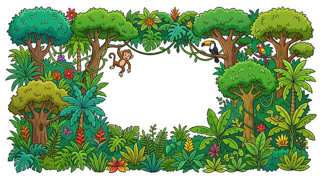 Cartoon Jungle Frame: Tropical Rainforest with Animals, Plants, and Vines