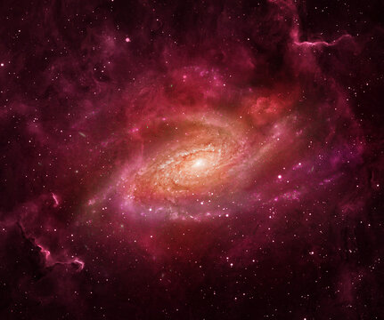 Spiral galaxy in deep space surrounded by stars and cosmic dust. Astronomical collage showing the structure of the universe, galaxies, star systems.  Elements of this image furnished by NASA.
