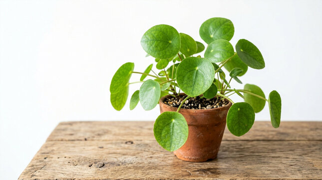 Chinese Money Plant in Terracotta Pot on Wooden Table, Bright Background