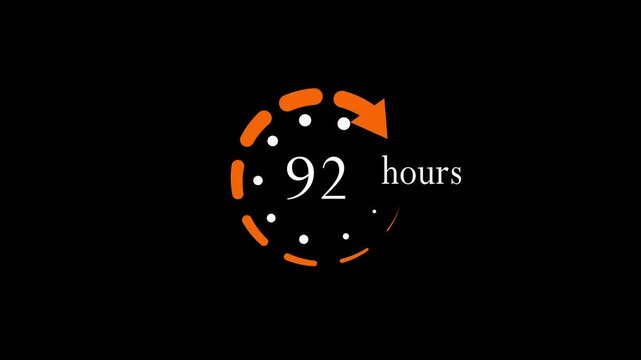 92 hours countdown timer animation with circular progress bar on black background, clock