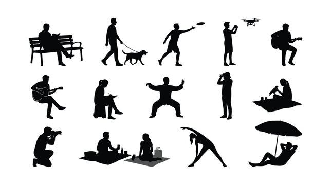 Black silhouette people icons in park, outdoor leisure activity vector set, men and women relaxing and exercising in nature