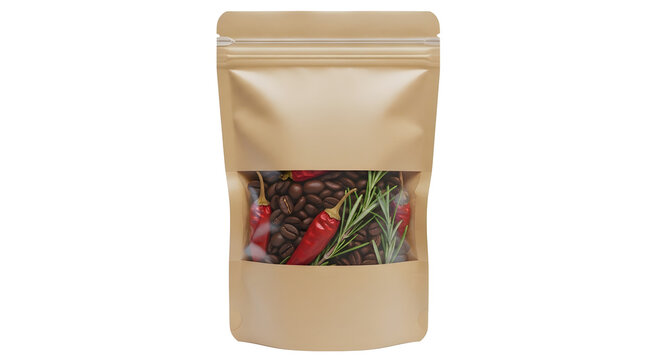 coffee beans with chili and rosemary in kraft pouch