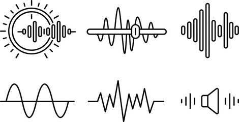 Obraz premium Audio Sound Wave and Equalizer Line Art Icon Set with Speaker and Fader,