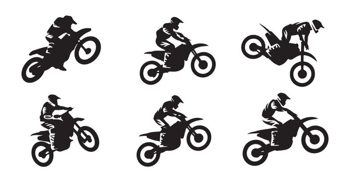 Collection of Action Motocross Rider Silhouettes Jumping and Stunting