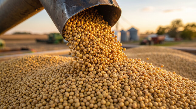 Golden soybeans being harvested with metal machinery in a picturesque farm setting at sunset, ideal for agricultural concept designs.