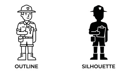 Fototapeta premium Park Ranger Uniform and Silhouette: A professional park ranger in uniform, shown in both outline and silhouette form, holding a clipboard, ready for duty in the great outdoors.