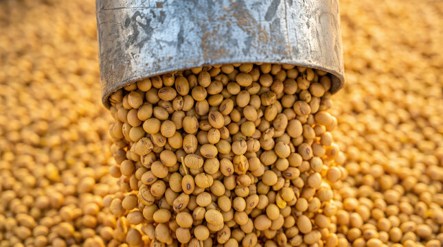 Metallic chute for harvesting soybean crop ideal for agricultural production images showing abundance of golden round soybeans in containers.