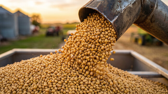 Golden harvest soybean pile with farm machinery and storage bins. Suitable for agricultural, industrial, farm, equipment, grain, metal, and spout concepts.