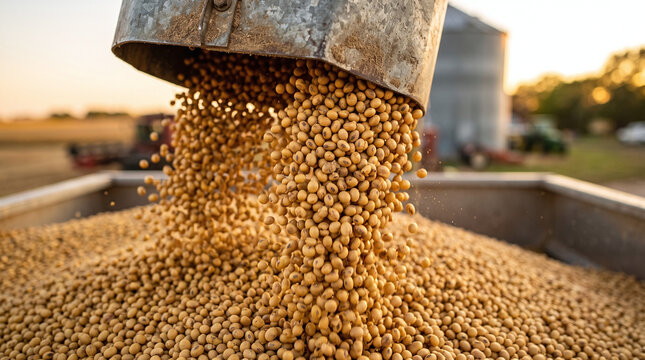 Golden soybean harvest equipment metal container in rural field suitable for farming industry crop output concept. Agriculture technology concept.