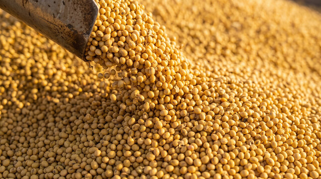 Golden soybean harvest in a vibrant yellow pile with a metal shovel, perfect for agricultural supply or food material concepts.