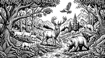 Obraz premium Majestic Deer and Bear in Woodland River Scene