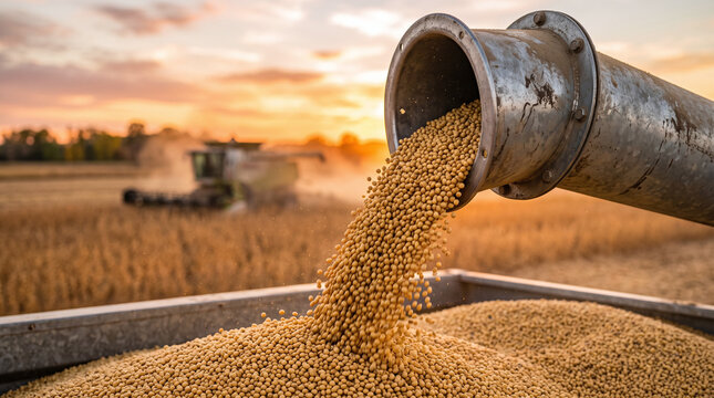 Golden soybeans combine harvester harvesting field at sunset, suitable for agriculture, machinery, farming, crops, technology, farm equipment, and rural landscapes concepts.
