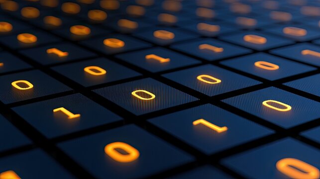 Glowing binary digits arranged in a grid pattern