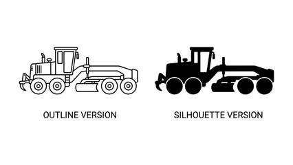 Road Grader Outline and Silhouette: A clean illustration showing two versions of a road grader, one in outline and the other as a solid silhouette, for design and construction reference. © md