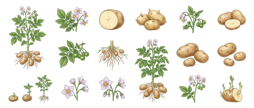 Set of Hand-Drawn Potato Plant Illustrations