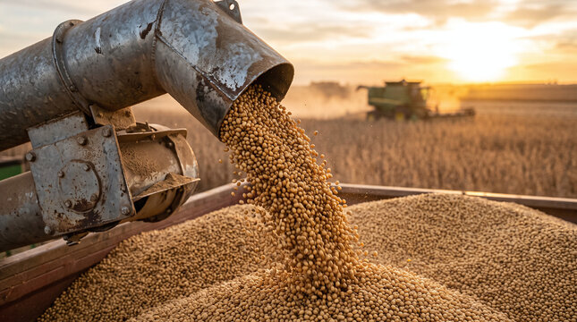 Sunset over a golden soybean field being harvested with agricultural machinery, including a metal chute. Suitable for agricultural or farming concepts.