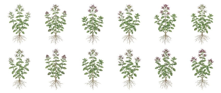 Watercolor botanical collection of blooming thyme plants with roots