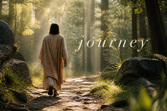 A person in a robe walks down a sunlit forest path.