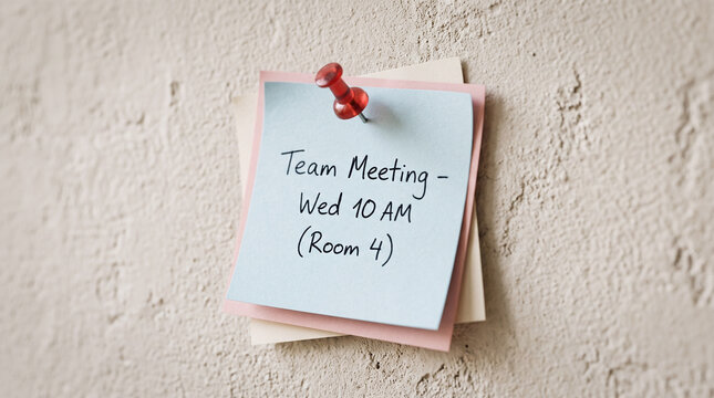 Red pushpin on light blue square paper stack on textured white wall for office or meeting notes. Suitable for business presentations.