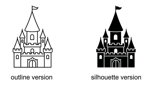 Castle Outline and Silhouette: A comparison of a castle, presented in both an outline and silhouette version, showcasing architectural detail and contrasting design.