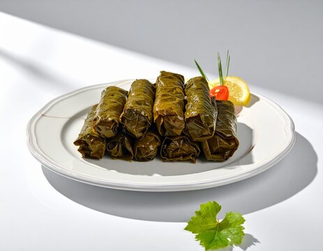 Stuffed Grape Leaves Dolma Stacked on White Plate with Lemon