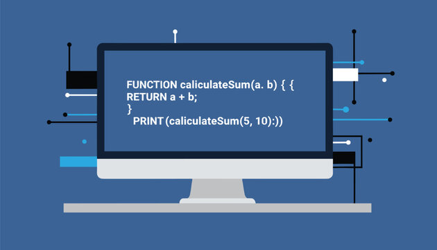 Desktop computer monitor displaying programming code function on screen with abstract digital network background.