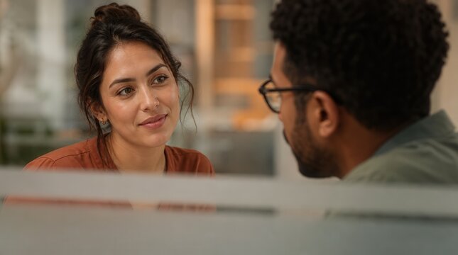 Diverse Business Colleagues Having Professional Conversation in Modern Office Setting with Glass Partition for Corporate Communication Content