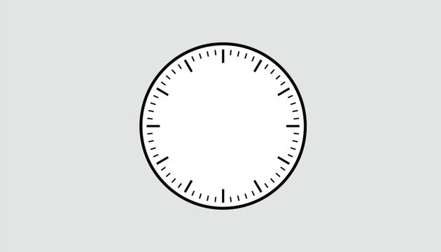 Blank circular wall clock dial face showing hour and minute tick marks and no hands on light gray background.