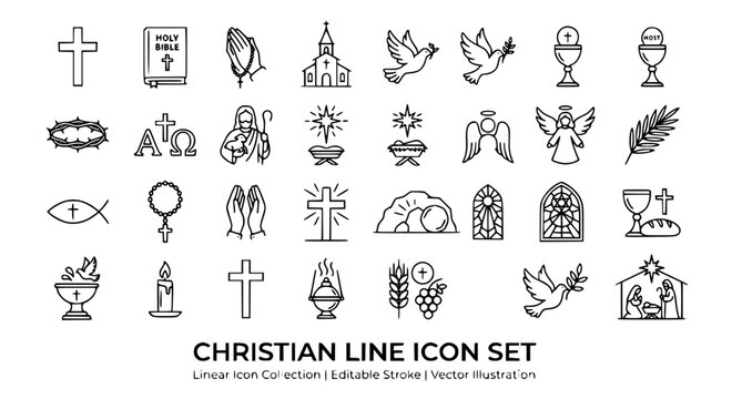 Christian Religion Linear Line Icon Set with Cross Bible Church and Religious Symbols Vector Illustration