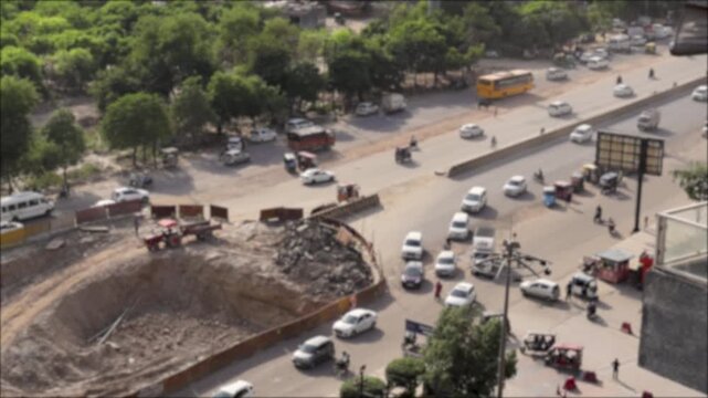 Aerial view of busy traffic in Delhi NCR. Urban road congestion in Noida and Ghaziabad area.