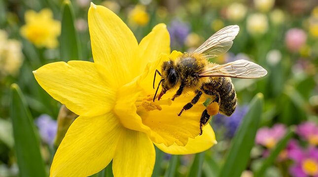 Honey bee collecting pollen from yellow daffodil flower