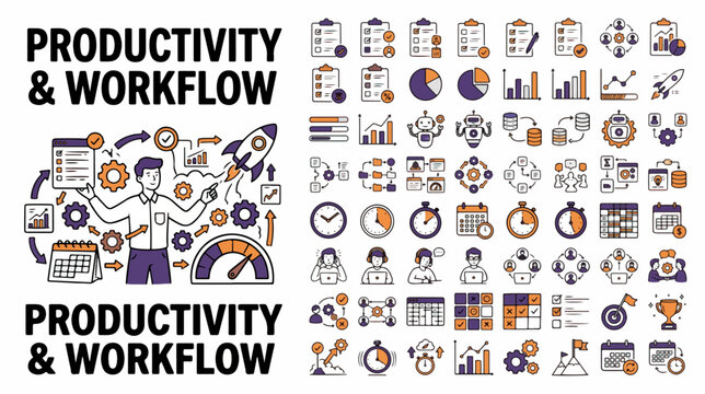 Set of 50 Productivity and Workflow Icons Vector Illustration
