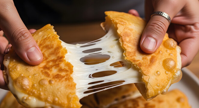 Hands pull apart a crispy golden fried dough revealing a thick string of melted stretchy white cheese.
