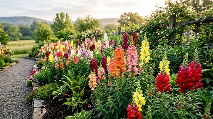 Naklejka premium Colorful snapdragon flower bed along garden gravel path