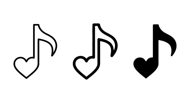 Heart Music Notes Icons, Love Melody Symbols, Romantic Sound Graphics, Vector Set