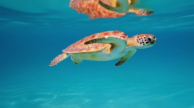 Sea turtle swimming underwater in clear blue ocean. Marine wildlife reptile gliding near water surface. Tropical nature concept