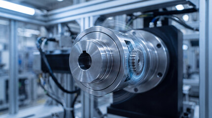 Fototapeta premium Close-up of a precision machined metal shaft and gear in a modern industrial CNC manufacturing facility