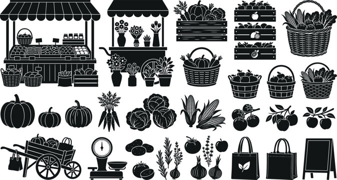 Farmers market stall and local grocery silhouette vector icon set featuring vegetable stands flower carts baskets wheelbarrows and fresh organic produce