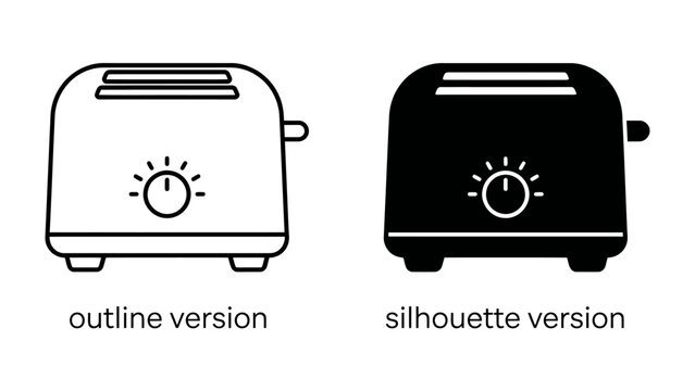 Toaster Icons: A clean, modern set of icons featuring a toaster in both outline and silhouette versions, perfect for kitchen appliances or breakfast-themed designs.